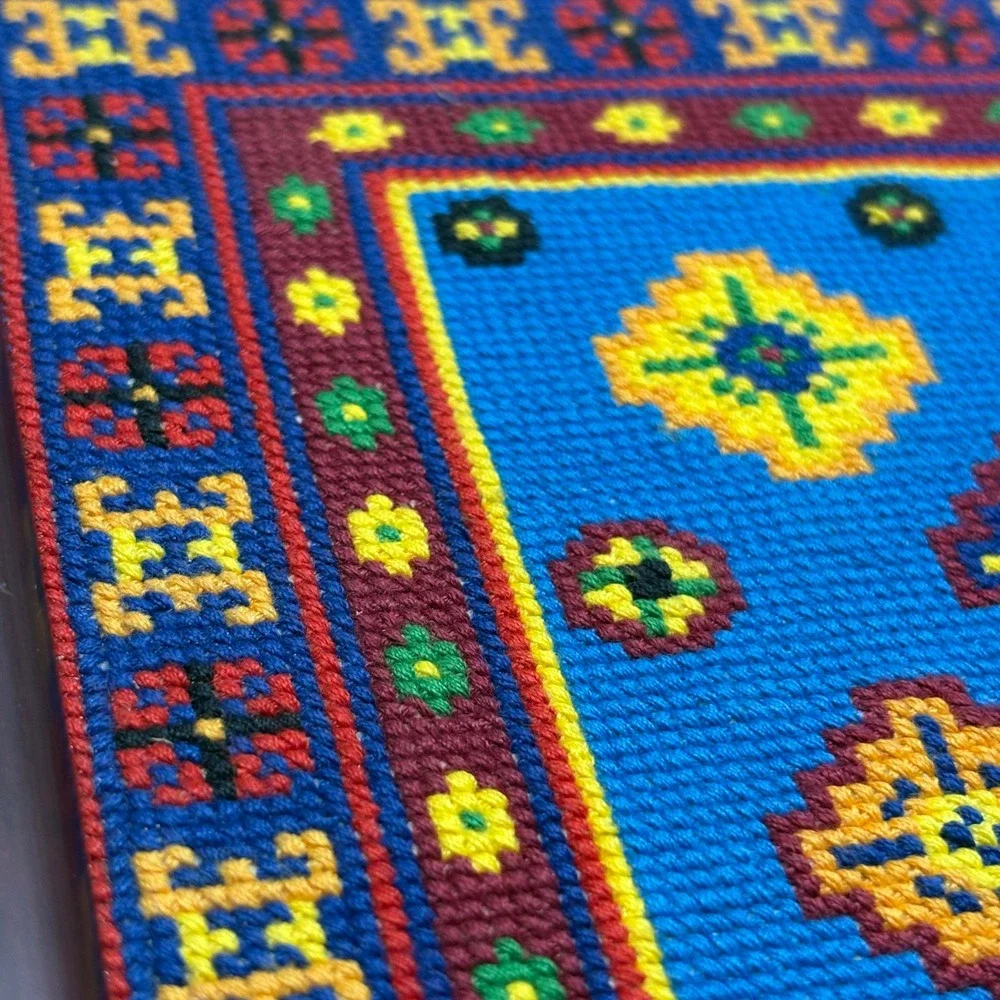 Handmade Needlepoint Wall Art Unisex Small Blue Vintage Geometric Framed Good